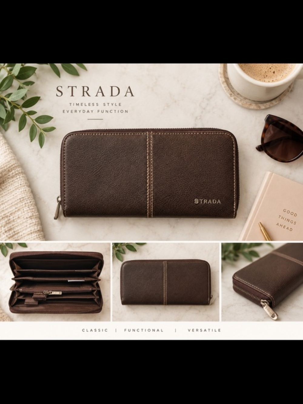 Strada Brown Zip Around Wallet Organizer Clutch